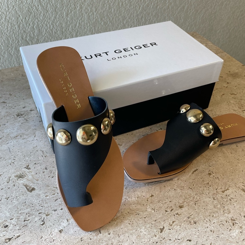 KURT GEIGER Black Leather Gold Ball Studded Toe Ring Sandals - EU 38 / 7.5-8 NIB